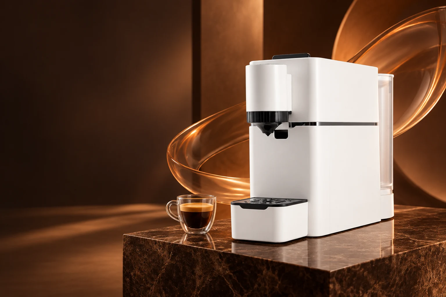 Aromi machine framed by sculptural amber glass