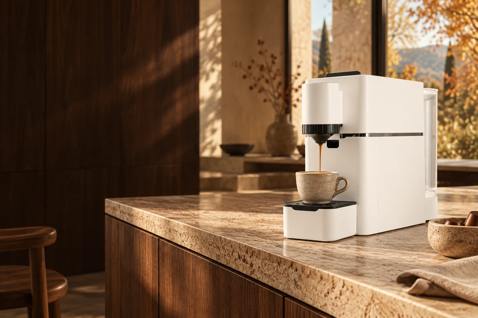 Aromi connected espresso machine in a warm, carefully considered interior