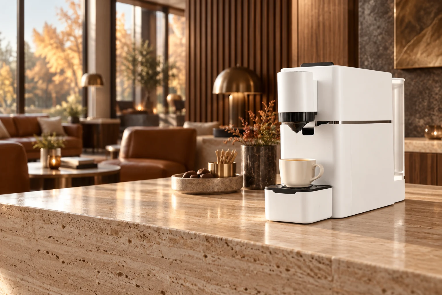 A connected espresso machine on a boutique hotel coffee counter