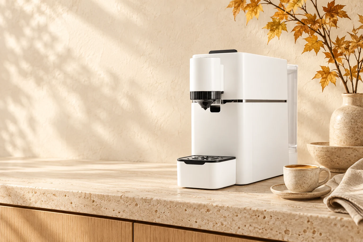 Aromi connected espresso machine in a warm, carefully considered interior